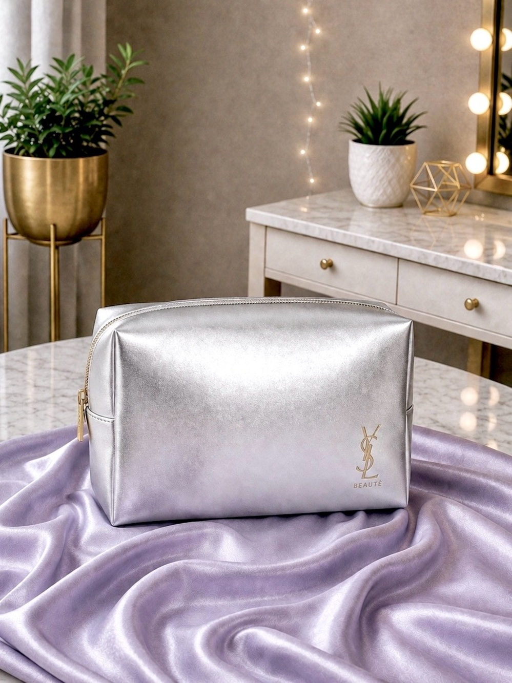 YSL Beauté Silver Metallic Cosmetic Makeup Pouch Travel Bag